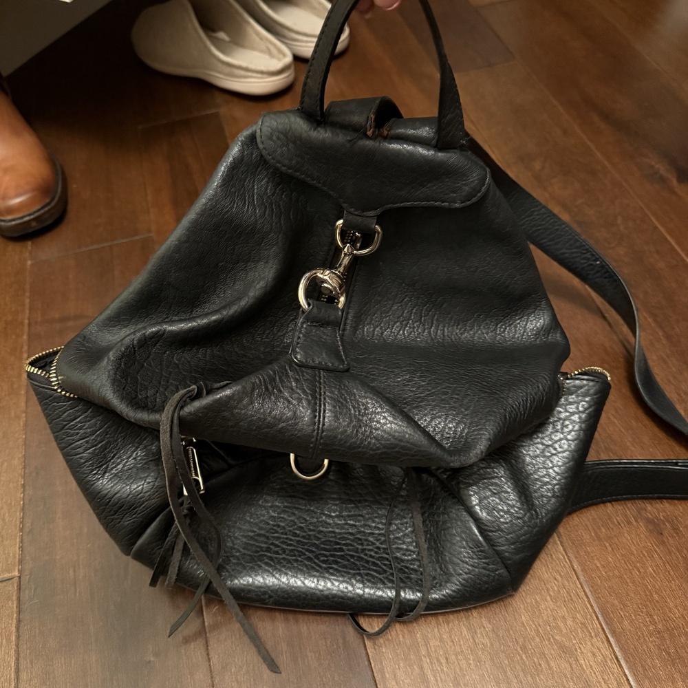 Genuine Leather Medium Black Gold Hardware Convertible Strap Flap Backpack